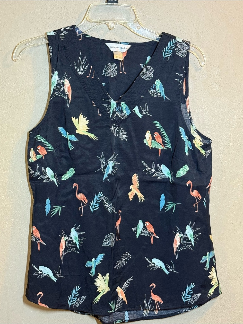Christopher & Banks Navy Sleeveless V-Neck Blouse with Tropical Bird Print Sz Sm